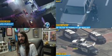 Police chase featuring streaming commentary and news footage.