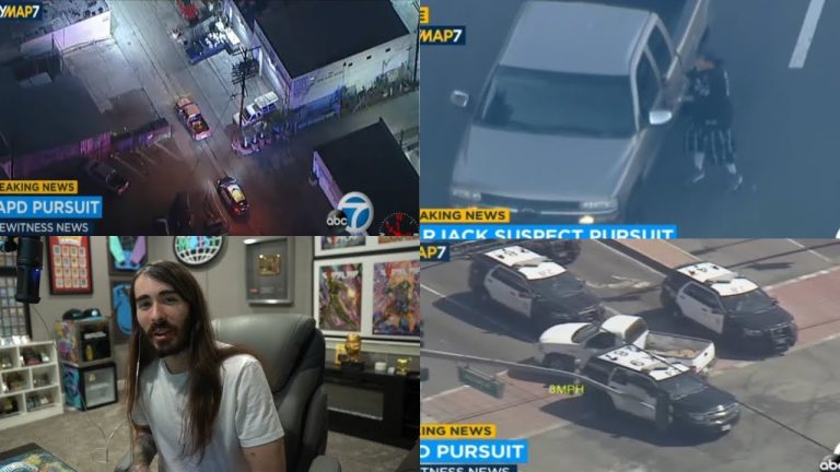 Police chase featuring streaming commentary and news footage.