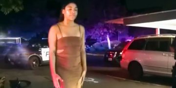 Woman in dress near police cars at night.