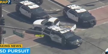 Police cars surround vehicle in pursuit scene.