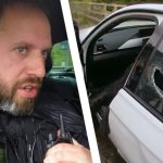 Police officer and car with shattered window