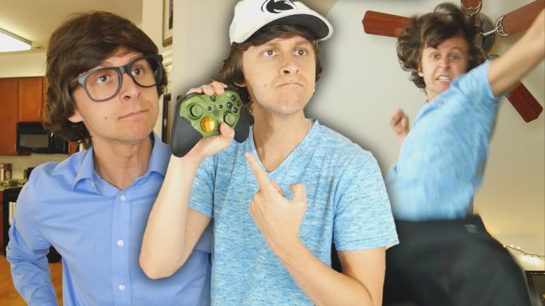 Three people in various poses holding a controller.