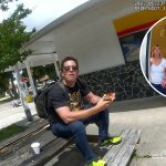 Man sitting outside gas station on wooden bench