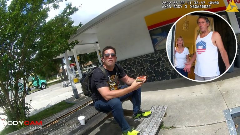 Man sitting outside gas station on wooden bench