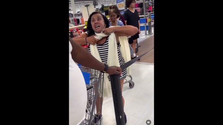 People interacting in a store checkout line.