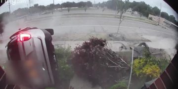 Car crash captured by Ring security camera.