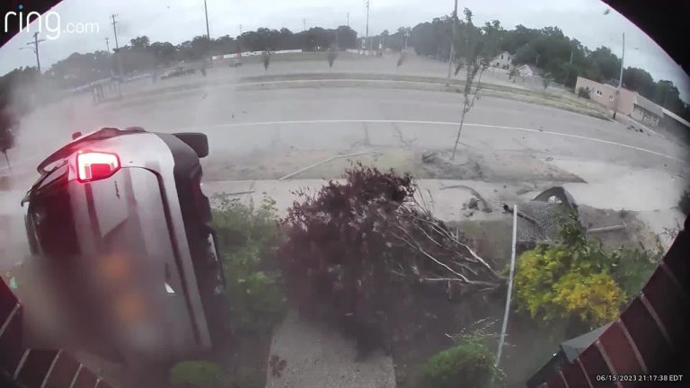 Car crash captured by Ring security camera.