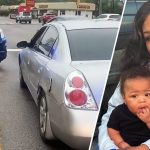 Police car and woman with baby split image.