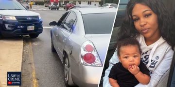 Police car and woman with baby split image.