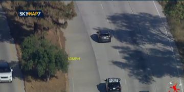 Aerial view of highway police pursuit.