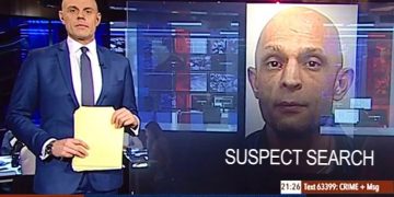 News anchor discusses suspect search on TV program.