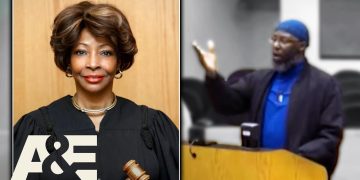 Judge in courtroom with gavel and person speaking