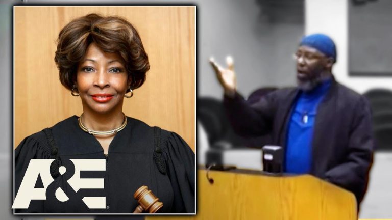 Judge in courtroom with gavel and person speaking