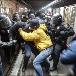 Police officers detain man in subway station.