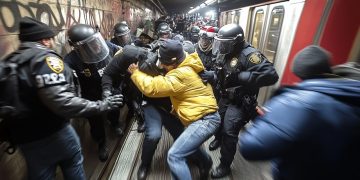 Police officers detain man in subway station.