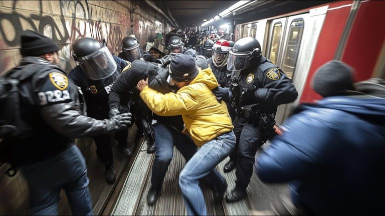 Police officers detain man in subway station.