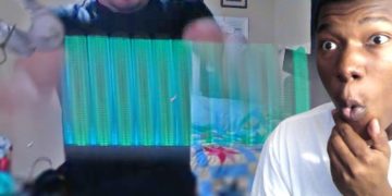 Surprised reaction to glitch effect in video