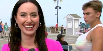 Smiling reporter with interesting background scene.