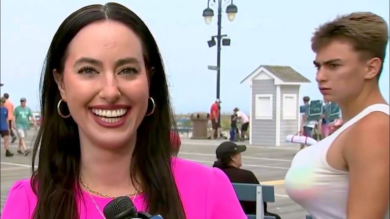 Smiling reporter with interesting background scene.