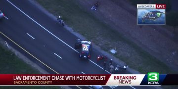 Police chase motorcyclist in Sacramento County.