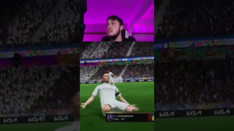 Gamer reacting to virtual soccer goal celebration.