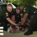 Police officers detaining person near patrol car at night.