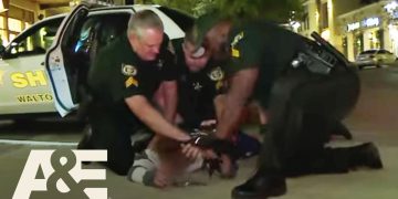 Police officers detaining person near patrol car at night.