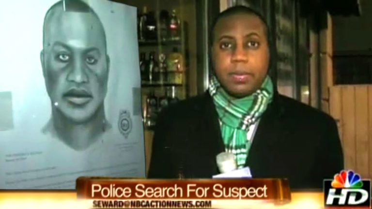 Reporter discussing police search for suspect