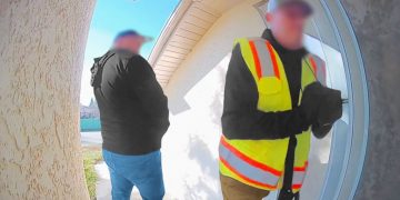 Two men at door, one in safety vest.