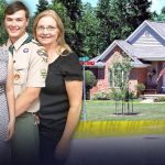 Family in front of a crime scene house