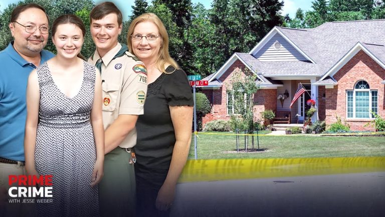 Family in front of a crime scene house