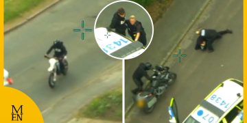 Police chasing suspects on motorcycles from helicopter