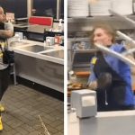 Restaurant workers defend with chairs in confrontation.