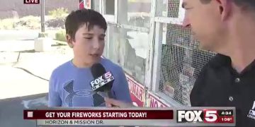 TV interviews boy about fireworks sales.