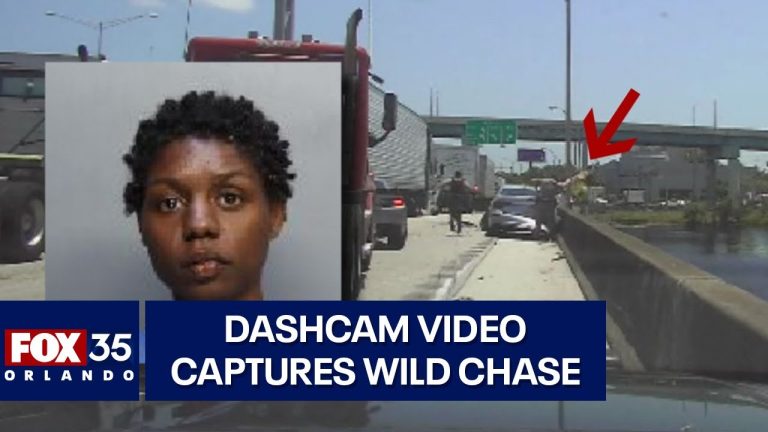 Dashcam video shows police chasing suspect on highway.