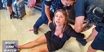 Person detained by airport security officers on floor.