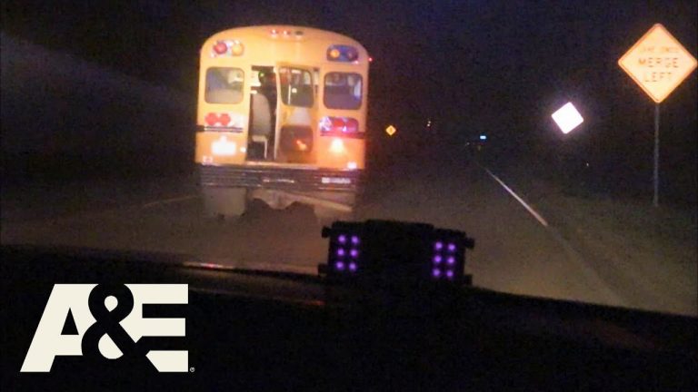 School bus driving at night on rural road.