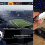 Gamer with broken controller playing football video game.