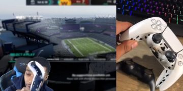 Gamer with broken controller playing football video game.