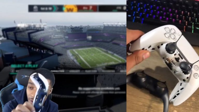 Gamer with broken controller playing football video game.