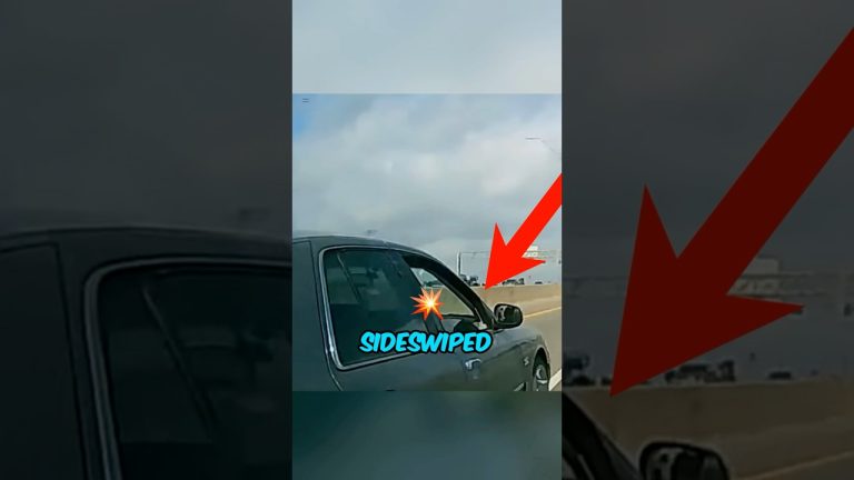 Car sideswiped on highway with arrow and text.