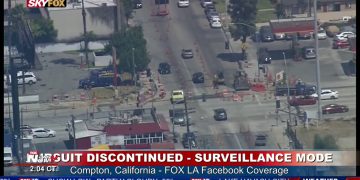 Aerial view of Compton street during news coverage.