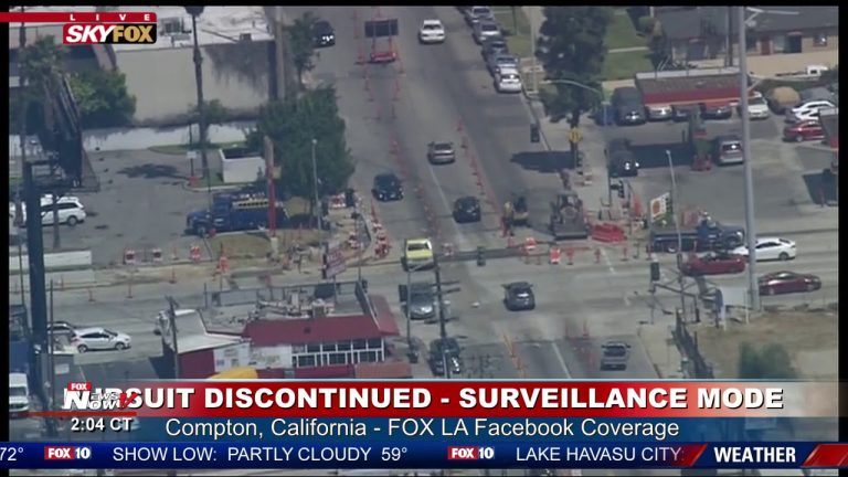 Aerial view of Compton street during news coverage.