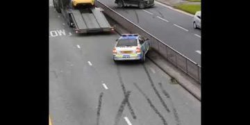 Police car and truck on roadside with tire marks.