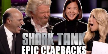 Shark Tank judges laughing during epic clapbacks moment.