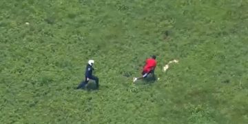 Police officer chasing man across grassy field