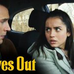 Two people conversing in a car, Knives Out scene.