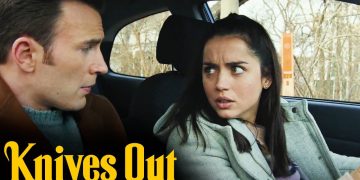 Two people conversing in a car, Knives Out scene.