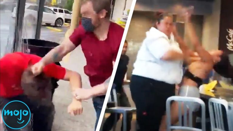 Two different street and indoor brawl scenes.