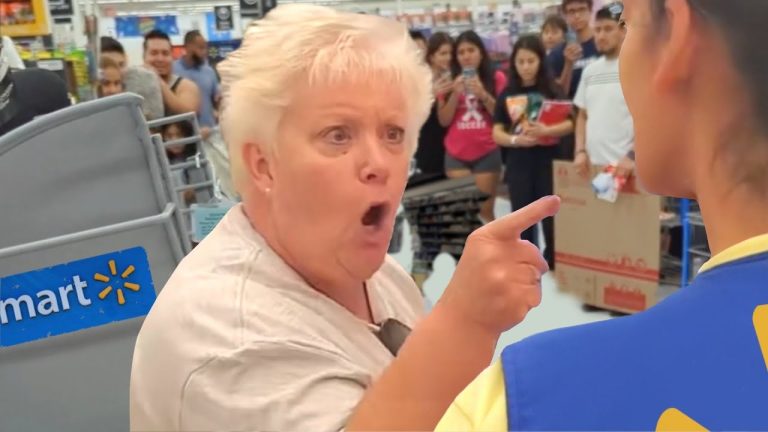 Customer arguing with employee in store aisle.